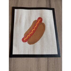 Handmade Hotdog In Bun Needlepoint Canvas 7" x 7.5" 14 Mesh